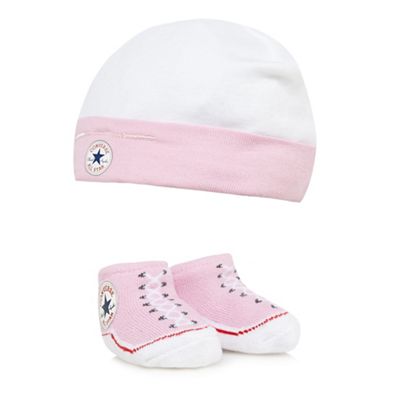 Baby girls' pink logo cap and booties set